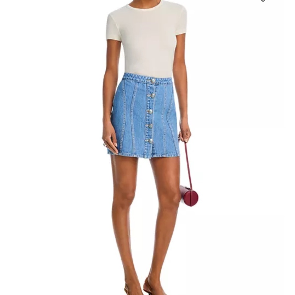 NWT L'AGENCE Phia Seamed Button Mini Skirt Denim Skirt with Turquoise Buttons